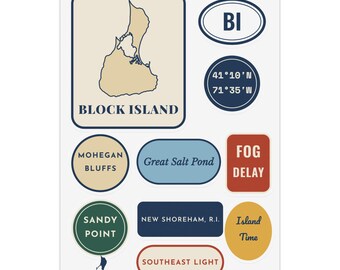 Hoja de pegatinas de Block Island, 11 pegatinas troqueladas, BI Oval, Mohegan Bluffs, Great Salt Pond, Rhode Island Gift
