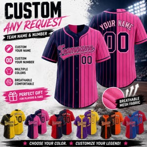 May include: A custom baseball jersey featuring a split-colour design with vertical pinstripes. The front displays 'Teamname' and the number '00', while the back shows 'YOUR NAME' and '00'. The fabric is a breathable mesh with button-down closure.