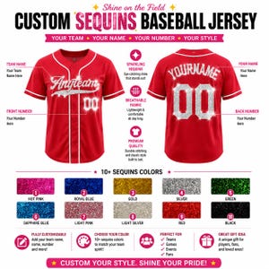 May include: A red baseball jersey featuring customizable silver sequin text and numbers on the front and back. The design includes a button-down front, white trim, and a color chart displaying ten sequin options including hot pink, blue, gold, and black.
