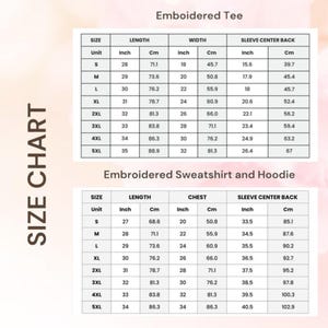May include: A size chart for an embroidered tee, sweatshirt, and hoodie. The chart displays measurements in inches and centimeters for sizes S through 5XL, including length, width, chest, and sleeve center back dimensions in a grid format.