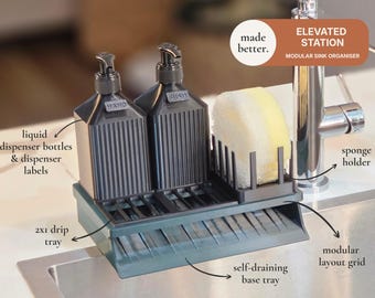 Organizador de fregadero de cocina con autodrenaje, dispensadores de jabón y soporte para esponjas.