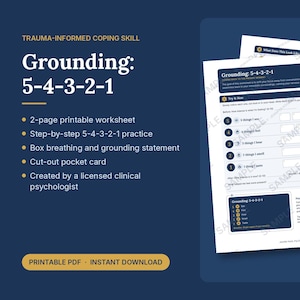 May include: A two-page printable PDF worksheet titled Grounding: 5-4-3-2-1, featuring a structured layout for sensory exercises, box breathing instructions, and a cut-out pocket card, all designed for trauma-informed coping skills.