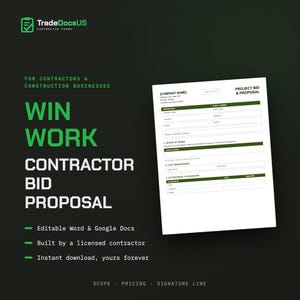 Plantilla de propuesta de licitación para contratistas, formulario de construcción editable (descarga instantánea)