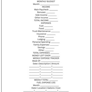 May include: A black and white printed Truck Driver Budget Planner document. It includes sections for monthly budget, income, expenses, a weekly expense tracker with columns for date, description, and amount, and a fuel expense log with columns for date, location, gallons, and cost.