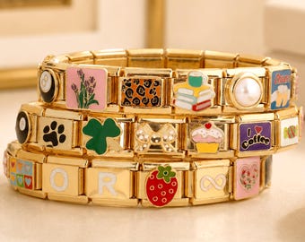 Op maat gemaakte Italiaanse bedelschakels voor een armband, gouden glitterletters en emaille bedels, maak je eigen Y2K-bedelarmband, doe-het-zelf vriendschapscadeau