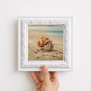 Pintura al óleo de conchas marinas, miniatura original pintada a mano sobre lienzo enmarcado para pared.