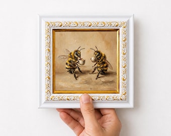Bee Drinking Coffee Oil Painting, Original Hand Painted Mini Framed Canvas Wall Art