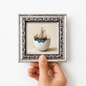 Ölgemälde „Schiff in einer Muschel“, Original handgemaltes Miniatur-Leinwandbild mit Rahmen