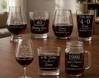 Personalized 40th Birthday Glassware Set | Engraved Beer Wine Shot Whiskey Mason Jar | Custom Forty & Fabulous Party Favor