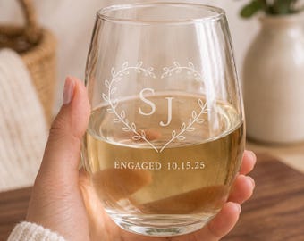 Personalized Engagement Wine Glass | Engraved Couple Names, Date | Stemless Keepsake