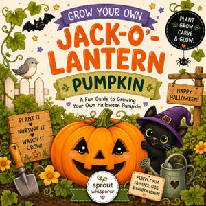 Może przedstawiać: Okładka książki zatytułowana Grow Your Own Jack-O-Lantern Pumpkin przedstawiająca dużą pomarańczową wydrążoną dynię, czarnego kota w fioletowym kapeluszu czarownicy, małą konewkę, łopatkę ogrodową oraz drewniane tabliczki z napisem Plant It Nurture It Watch It Grow.