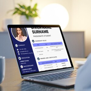 May include: A laptop screen displaying a CV template with a dark blue sidebar containing contact, education, and background sections. The main area features placeholders for a name, title, leadership roles, and awards in a clean, professional layout.
