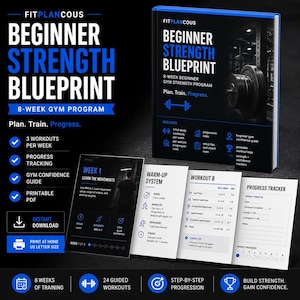 May include: A digital fitness program titled Beginner Strength Blueprint, featuring an 8-week gym guide, workout sheets, and progress trackers. The black and blue materials include text, icons, and charts for 3 weekly workouts, printable PDFs, and US letter size.