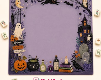 May include: A square purple play mat featuring a Halloween-themed border with a crescent moon, black cat, bat, owl, ghost, pumpkin, cauldron, potion bottles, stacked books, and tombstones. The text reads BEWARE, SPOOKY, THIS WAY, REST IN PIECES, R.I.P., TOAD TONIC, WITCHES BREW, POTIONS, ENCHANTMENTS, and CURSES.