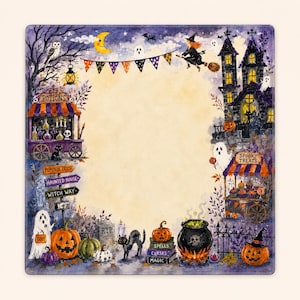 May include: A square Halloween-themed decorative mat featuring a central cream-colored space surrounded by illustrations of a potion cart, a haunted house, ghosts, pumpkins, a black cat, a witch on a broomstick, and signs labeled Potions, Spooky Treats, Pumpkin Patch, Haunted House, Witch Way, R.I.P., Spells, Curses, and Magic.