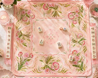 Blush Ribbon Bow Mahjong Mat, Ivory Pink Romantic Border Table Mat, Floral Medallion Center, American Mahjong Game Mat, Mahjong Gift