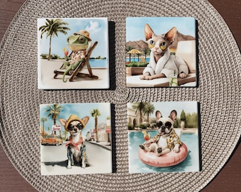 Keramische onderzetters met een thema van dieren, huisdieren en wilde dieren uit Palm Springs, handgemaakt.