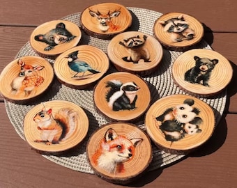 Handgeschilderde kleine kunst op hout, houten onderzetters met dierenmotief