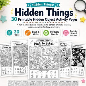 Könnte beinhalten: Ein digitales Paket mit 30 ausdruckbaren Suchbild-Aktivitätsseiten mit dem Titel Hidden Things. Die Sammlung enthält schwarz-weiße Illustrationen zu Themen wie Schule, Weltraum und Bauernhof, inklusive Suchlisten für die versteckten Objekte.