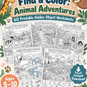May include: A collection of 60 printable hidden object worksheets titled Find & Color: Animal Adventures. The set includes five black and white activity pages featuring themes like Barnyard Treasure Hunt, Jungle Explorer Quest, Ocean Reef Search, Arctic Adventure Search, and Dinosaur Discovery Dig, designed for ages 5-10.