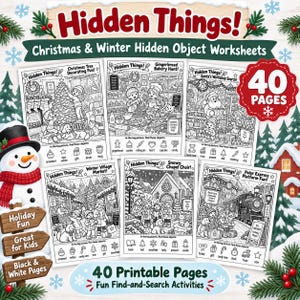 May include: A collection of 40 printable Christmas and winter-themed hidden object activity worksheets. Each page features black and white line art illustrations of holiday scenes with a list of items to find at the bottom of every sheet.