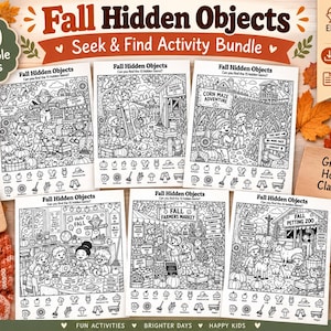Könnte beinhalten: Ein Set aus 30 druckbaren Schwarz-Weiß-Aktivitätsseiten mit dem Titel Fall Hidden Objects Seek & Find Activity Bundle. Jede Seite zeigt detaillierte Illustrationen von Herbstszenen mit Kindern und versteckten Objekten, im Format 21,59 x 27,94 cm.