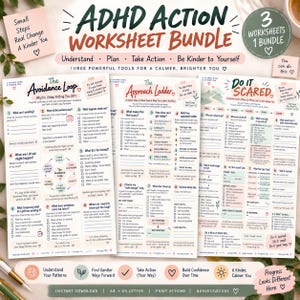 May include: A digital ADHD action worksheet bundle featuring three printable pages titled The Avoidance Loop, The Approach Ladder, and Do It Scared. The documents include checklists, prompts, and diagrams in a soft colour palette with black text.