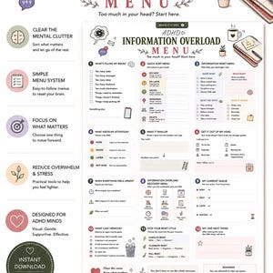 Puede incluir: Un documento imprimible de menú de sobrecarga de información TDAH que presenta doce secciones numeradas con listas de verificación, iconos y avisos para organizar tareas, gestionar el desorden mental y priorizar actividades diarias.