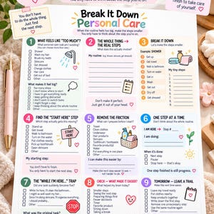 ADHD Personal Care Printable, Task Breakdown Worksheet, Executive Dysfunction Self Care