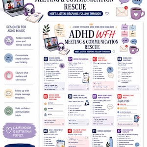 May include: A digital ADHD work-from-home meeting and communication rescue system guide. The document features twelve numbered sections with checklists, prompts, and text boxes for managing meetings, notes, and follow-ups, designed for productivity.