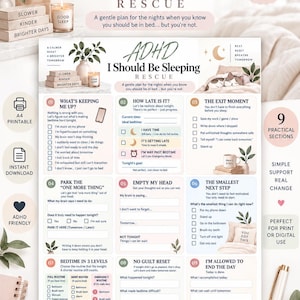 May include: A printable ADHD sleep rescue guide featuring nine sections with checklists and prompts to manage bedtime routines. The document includes text titled ADHD I Should Be Sleeping Rescue, with soft pink and beige accents and illustrations.