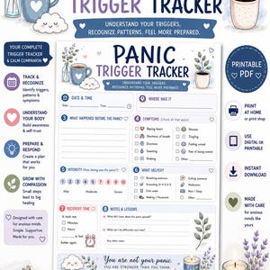 Puede incluir: Un documento imprimible Panic Trigger Tracker con secciones para fecha, hora, ubicación, síntomas, intensidad y tiempo de recuperación. La página blanca incluye texto azul, ilustraciones de una taza, planta, nube y reloj, con el título Panic Trigger Tracker y la frase You are not your panic. You are stronger than you think.