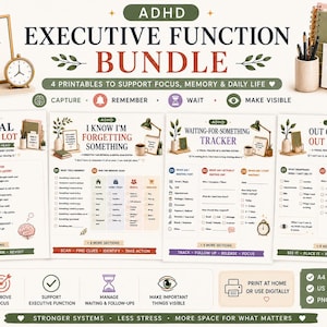 May include: An ADHD executive function bundle featuring four printable pages titled Mental Parking Lot, I Know I'm Forgetting Something, Waiting-For-Something Tracker, and Out of Sight, Out of Mind, designed to support focus, memory, and daily life.