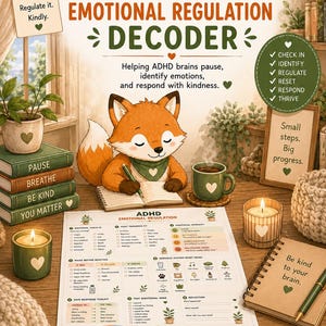 May include: An ADHD emotional regulation decoder chart featuring a cartoon fox writing in a notebook. The chart includes sections for emotional check-ins, pause before reacting, nervous system reset, and a safe response toolkit with text and icons.