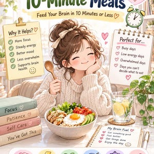 May include: An illustrated guide titled ADHD 10-Minute Meals featuring a smiling character with a bowl of food. The image includes text lists like Why It Helps, Perfect for, and My Brain Fuel, alongside icons for energy, focus, and consistency.
