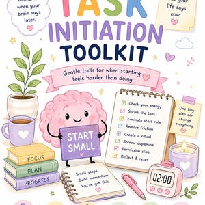 May include: An ADHD Task Initiation Toolkit poster featuring a cartoon brain holding a sign that says START SMALL. It includes a checklist, a timer set to 02:00, books labelled FOCUS, PLAN, and PROGRESS, and text notes including For the moments when your brain says later.