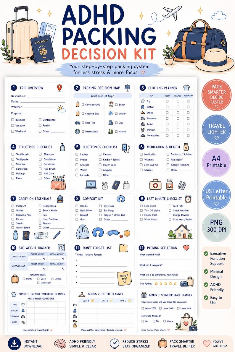 May include: An ADHD packing decision kit printable document featuring twelve numbered sections including trip overview, packing decision map, clothing planner, toiletries, electronics, medication, comfort kit, and last minute checklists.