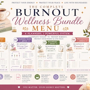 May include: A digital wellness bundle menu featuring four planners: Energy Budget, Warning Signs, Boundary, and Prevention. The design includes text, icons, and decorative elements like candles, mugs, and plants, with a color palette of soft pinks, greens, and dark blue text.