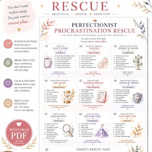 May include: A printable PDF guide titled Perfectionist Procrastination Rescue, featuring ten sections with checklists and illustrations to overcome procrastination. The document includes text, icons, and a Today's Rescue Plan form for task management.