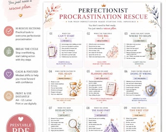 May include: A printable PDF guide titled Perfectionist Procrastination Rescue, featuring ten sections with checklists and illustrations to overcome procrastination. The document includes text, icons, and a Today's Rescue Plan form for task management.