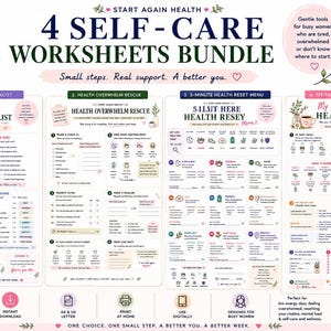 Könnte beinhalten: Ein Bündel von vier Selbstfürsorge-Arbeitsblättern mit dem Titel Start Again Health, bestehend aus einer Gesundheits-Checkliste, einem Leitfaden zur Stressbewältigung, einem 5-Minuten-Gesundheitsmenü und einem Plan für den minimalen Gesundheitstag.
