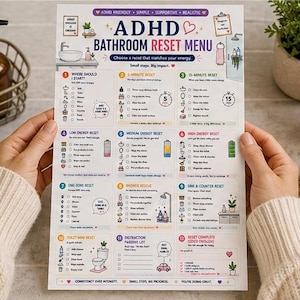 May include: A printed ADHD Bathroom Reset Menu checklist featuring twelve numbered cleaning tasks, icons, and energy-level categories. The document includes text headers like ADHD Bathroom Reset Menu, 5-Minute Reset, and 15-Minute Reset, organized in a grid layout with checkboxes for tracking progress.