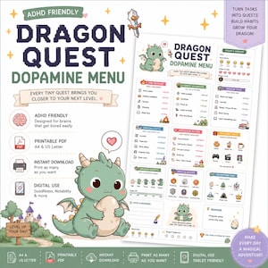 Puede incluir: Un planificador imprimible de menú de dopamina Dragon Quest apto para TDAH con un dragón verde, categorías de tareas como Fire Training y Wisdom Cave, rastreadores de hábitos y mapas de progreso. El documento incluye indicaciones de texto para misiones diarias, niveles de crecimiento del dragón y compatibilidad digital.