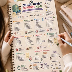以下が含まれることがあります： College Student Dopamine Menuというタイトルのスパイラル綴じプランナー。学生生活のためのチェックリストとヒントがグリッド状に配置されています。ページにはバックパック、脳のキャラクター、学習や健康管理のためのアイコンが描かれています。