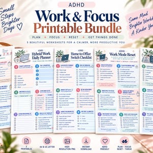 Peut inclure: Un ensemble de feuilles de travail imprimables pour la gestion du travail et de la concentration avec TDAH, comprenant cinq documents intitulés Workday Shutdown Routine, Hybrid Work Daily Planner, Home-to-Office Switch Checklist, Work Mode Reset et Distraction & Focus Rescue.