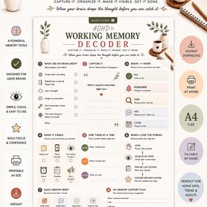 May include: A printable A4 ADHD Working Memory Decoder document featuring eight numbered sections for task management, including prompts for capturing thoughts, organizing actions, and memory resets, decorated with botanical illustrations.