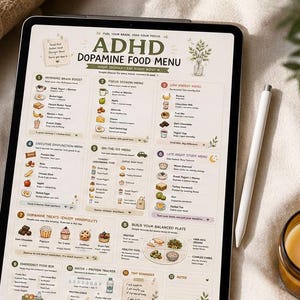 May include: A digital tablet displaying an ADHD Dopamine Food Menu chart with various food categories, icons, and text. The screen features sections like Morning Brain Boost, Focus Session Menu, and Emergency Food Box, organised in a grid layout.
