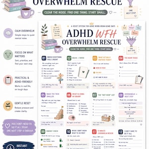 Könnte beinhalten: Eine digitale Planerseite mit dem Titel ADHD WFH OVERWHELM RESCUE, die zwölf nummerierte Abschnitte mit Aufforderungen zur Aufgabenverwaltung, mentalen Klarheit und Energieverfolgung enthält. Das Layout zeigt Illustrationen von Büchern, einer Kaffeetasse und einem Trichter.