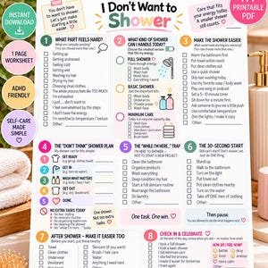 May include: An A4 printable ADHD shower rescue worksheet titled I Don't Want to Shower. The document features nine numbered sections with checklists, icons, and text prompts designed to simplify self-care routines and manage energy levels.