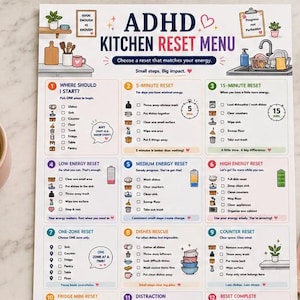 May include: A printed ADHD Kitchen Reset Menu checklist featuring twelve categorized cleaning tasks with icons, checkboxes, and text instructions. The document is organized into sections like 5-minute, 15-minute, low, medium, and high energy resets.